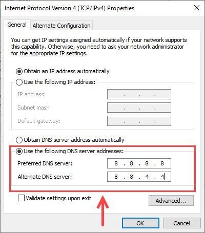 درج ذیل DNS سرور ایڈریس استعمال کریں۔