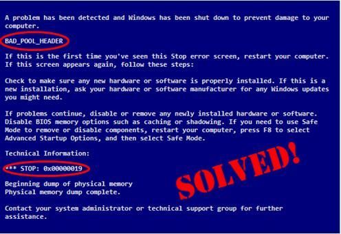 0x00000019 Slikta baseina galvene operētājsistēmā Windows 10/8/7 (SOLVED)