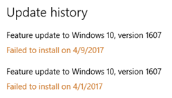 No s'ha pogut instal·lar la funció Actualització de Windows 10 versió 1607