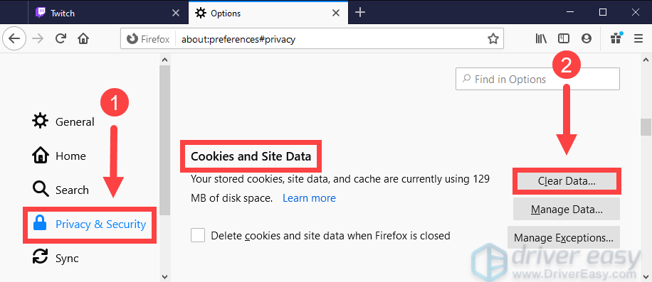 svuota la cache e cancella i cookie in Firefox Errore Twitch formato delle risorse 4000 non supportato