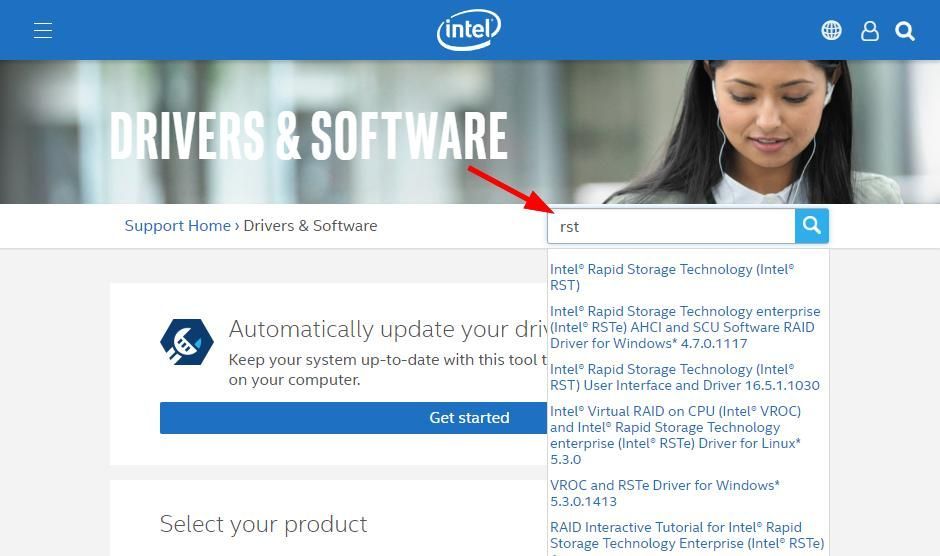 Изтегляне на драйвер за Intel RST (технология за бързо съхранение)