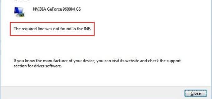 Коригирайте NVIDIA Необходимият ред не е намерен в изданието INF