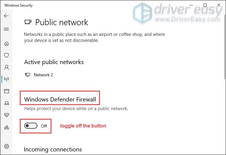 schakel de knop uit om de Windows Defender Firewall uit te schakelen