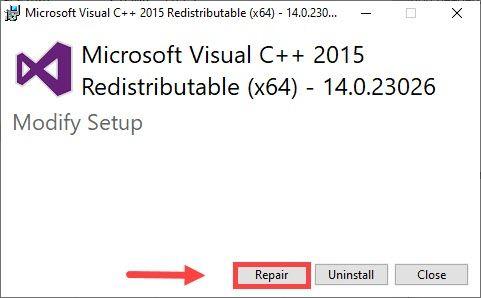 reparar Microsoft Visual C++; atualização falhou; Exoesqueleto