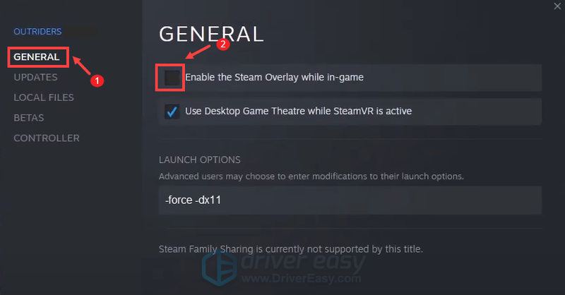 letiltja a Steam overlay Outriders alkalmazást