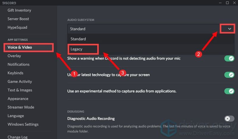 utiliser Legacy Audio Subsystem Discord peut