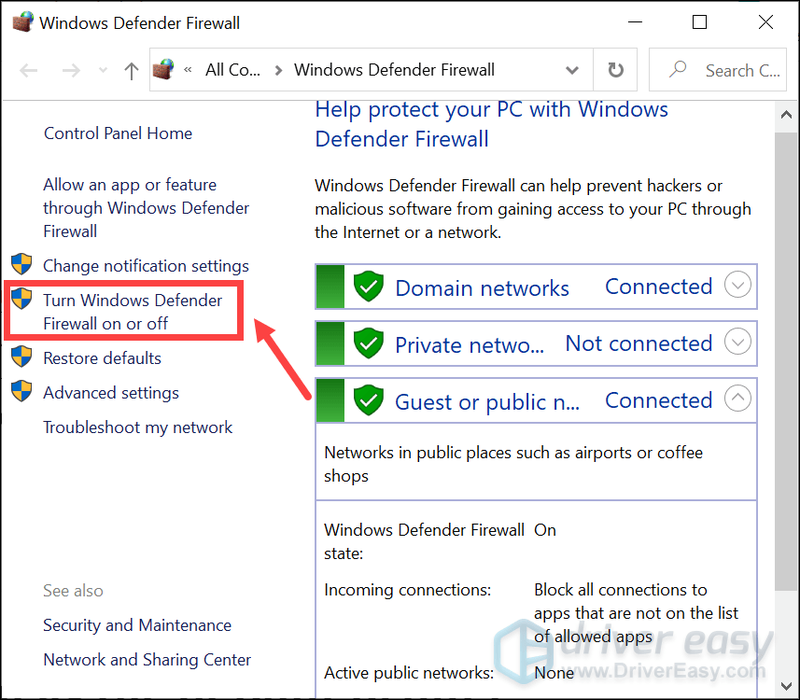 désactiver le pare-feu Windows Defender