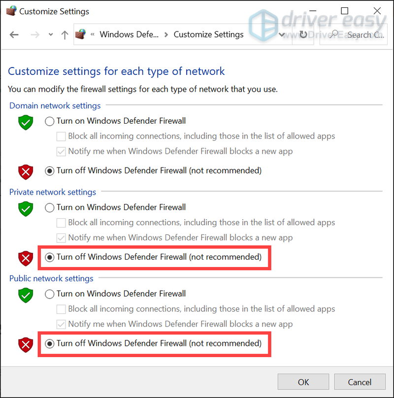 desactiva el tallafoc de Windows Defender