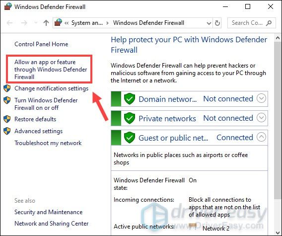 permitir una aplicación a través del firewall de Windows Defender