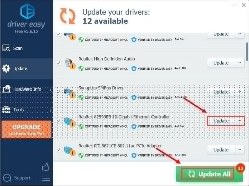 cập nhật trình điều khiển bộ điều hợp mạng tự động với Driver Easy