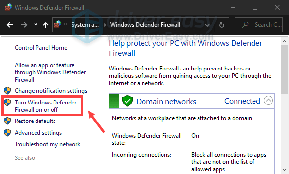 išjunkite „Windows“ ugniasienę per valdymo skydą