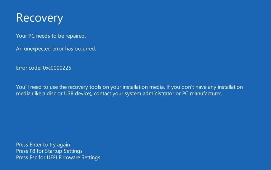 0xc0000225 Codi d'error a Windows 10 (solucionat)