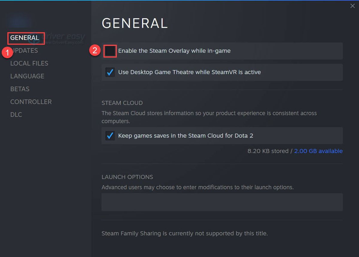 Dezactivați Steam Overlay F1 2020