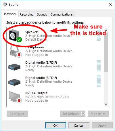 Noklusējuma skaļrunis atzīmēja Windows 10